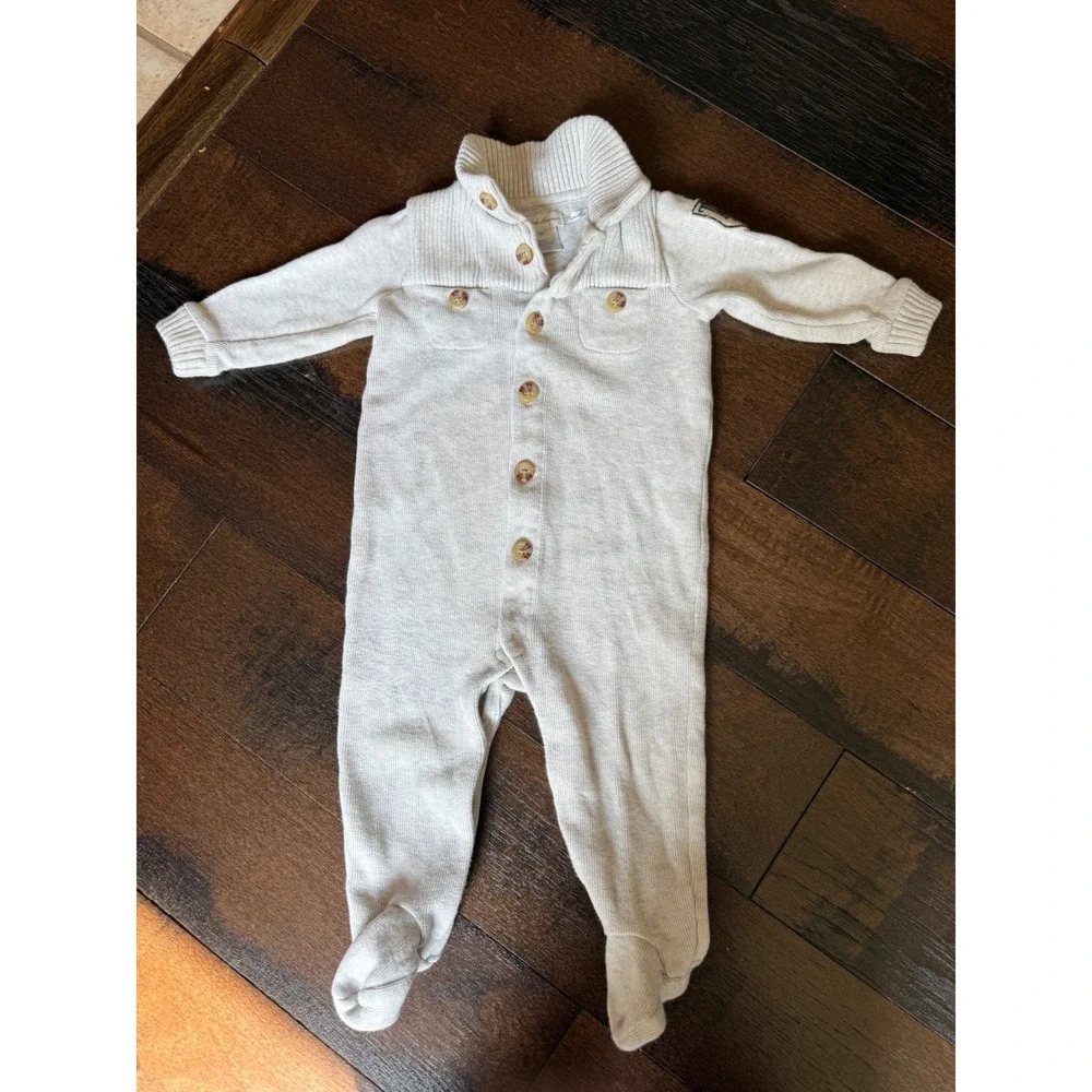 Ralph Lauren Knit Romper baby 9Mos Gray Pima Cotton Footed Coverall RL Crest